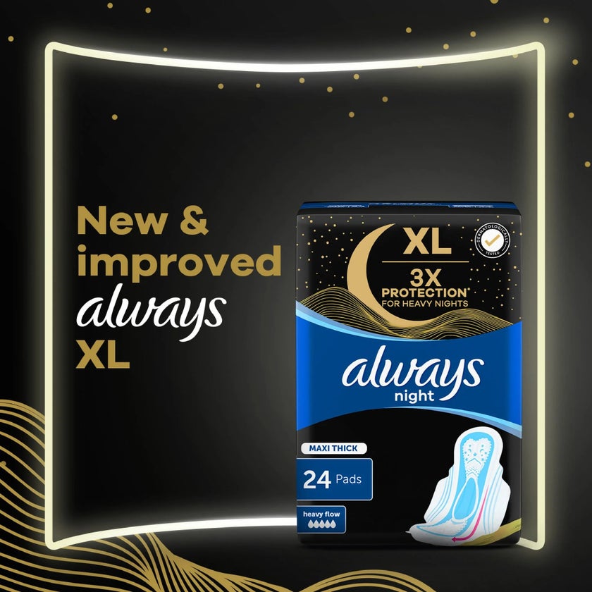 Always Clean & Dry Maxi Thick Night Sanitary Pads With Wings, Pack of 24's