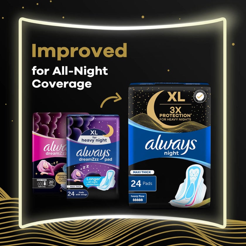 Always Clean & Dry Maxi Thick Night Sanitary Pads With Wings, Pack of 24's