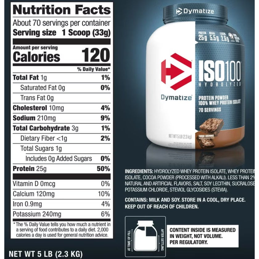 Dymatize ISO 100 Fast Absorbing Protein Powder, 100% Whey Protein Isolate, Fudge Brownie, 2.3kg