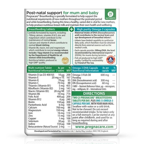 Vitabiotics Pregnacare Breast-Feeding All-In-One Postnatal Supplement, Dual Pack of Postnatal Vitamin & Mineral Tablets 56's + Omega-3 Capsules 28's