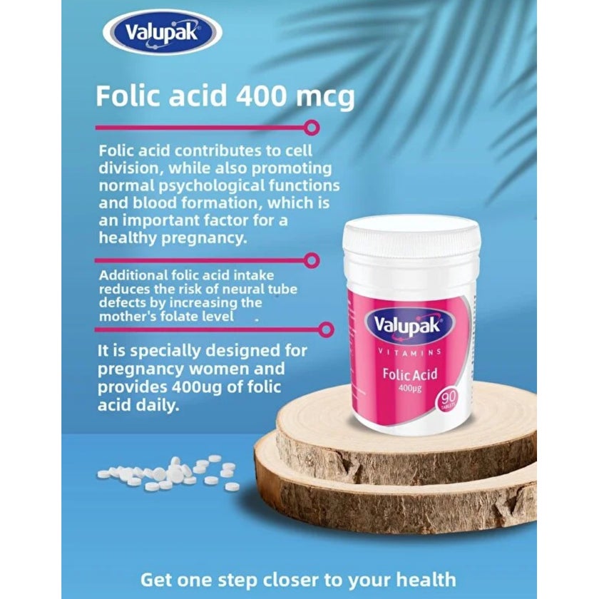 Valupak Folic Acid 400mcg Tablets, Pack of 90's