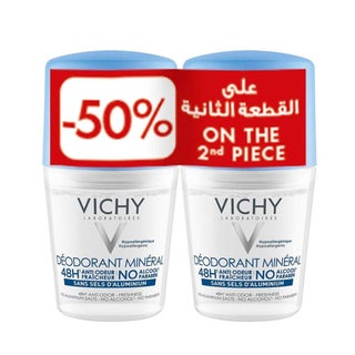 Vichy 48H Anti-Odour Aluminum Free Mineral Deo Roll On - 50ml x 2