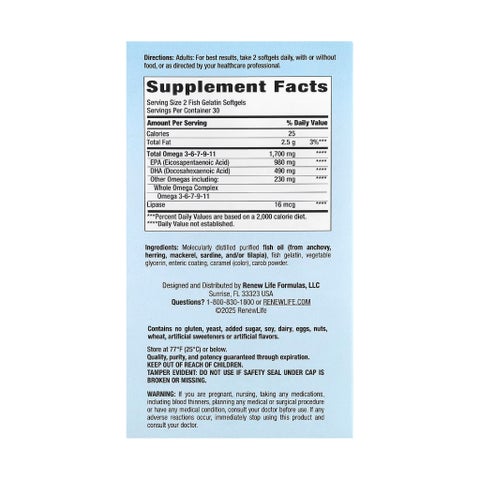 Renew Life Norwegian Gold Critical Omega 1700mg Fish Oil Softgels, Pack of 60’s