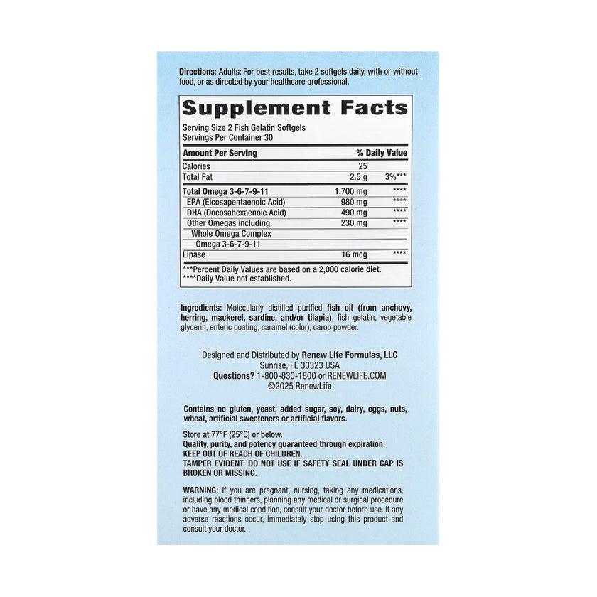 Renew Life Norwegian Gold Critical Omega 1700mg Fish Oil Softgels, Pack of 60’s