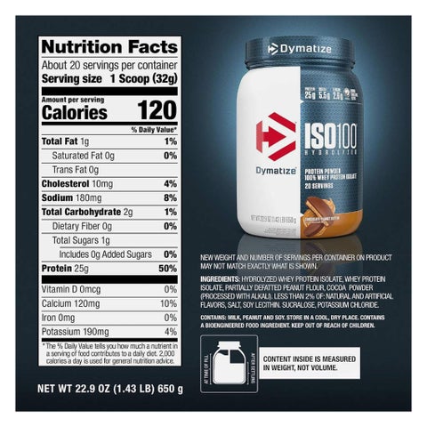 Dymatize ISO 100 Chocolate Peanut Butter Hydrolyzed Whey Protein Powder 650g