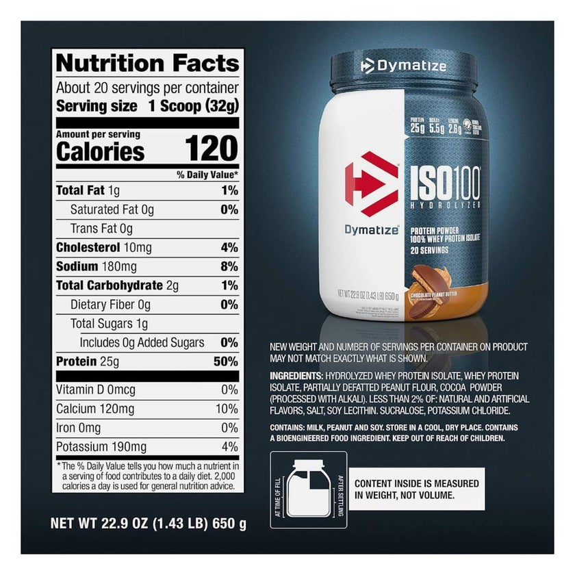 Dymatize ISO 100 Chocolate Peanut Butter Hydrolyzed Whey Protein Powder 650g