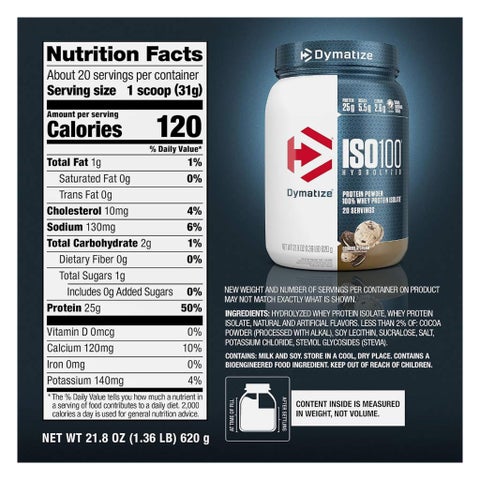 Dymatize ISO 100 Cookies & Cream Hydrolyzed Whey Protein Powder 620g