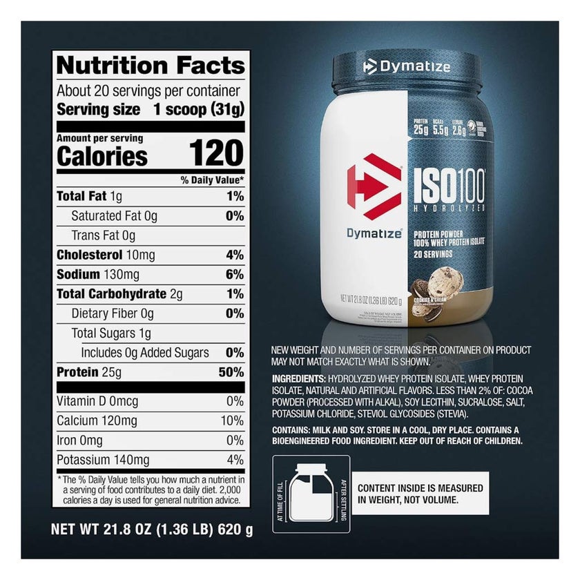 Dymatize ISO 100 Cookies & Cream Hydrolyzed Whey Protein Powder 620g