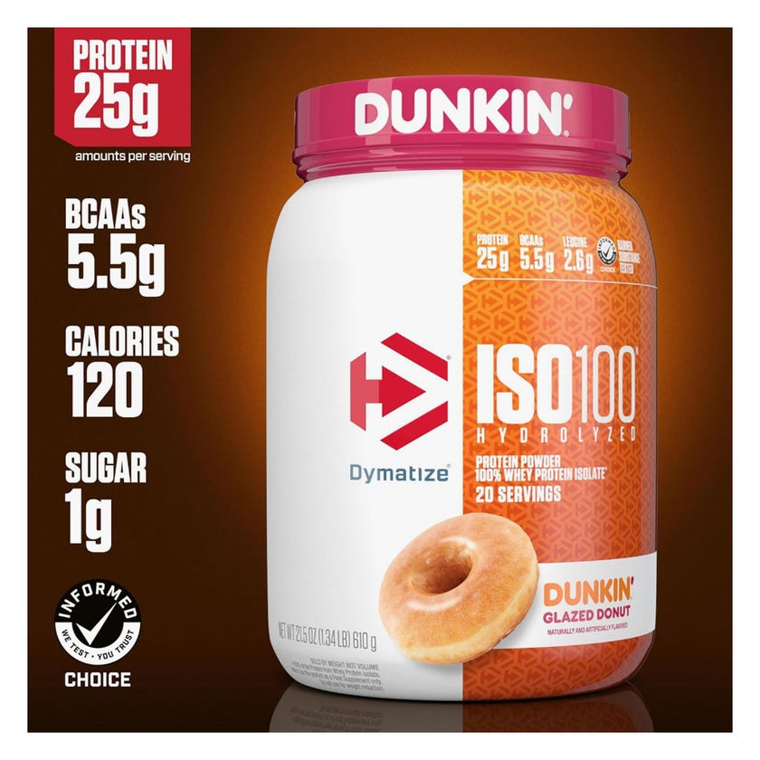 Dymatize ISO 100 Dunkin Glazed Donut Hydrolyzed Whey Protein Powder 610g