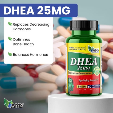 أقراص DHEA بتركيز 25 ملجم لدعم الحيوية ومقاومة علامات التقدم في السن إيه إم إس - 2 × 60 قرص