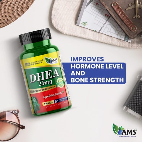 أقراص DHEA بتركيز 25 ملجم لدعم الحيوية ومقاومة علامات التقدم في السن إيه إم إس - 2 × 60 قرص