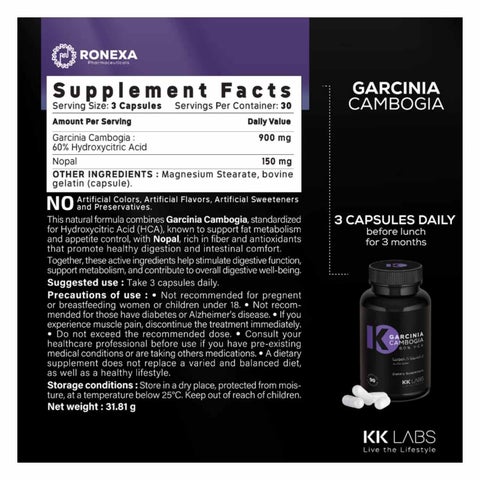 KK Labs Garcinia Cambogia 60% HCA Capsules, Weight Management - 90 Capsules