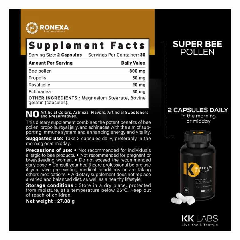 KK Labs Super Bee Pollen Capsules, Immunity Defense - 60 Capsules