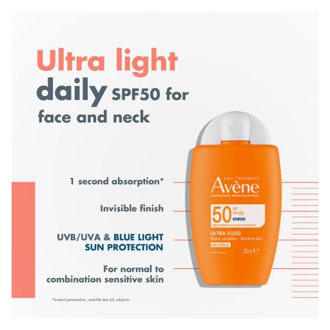 Avene SPF 50 Ultra Fluid Sunscreen, Invisible - 50ml