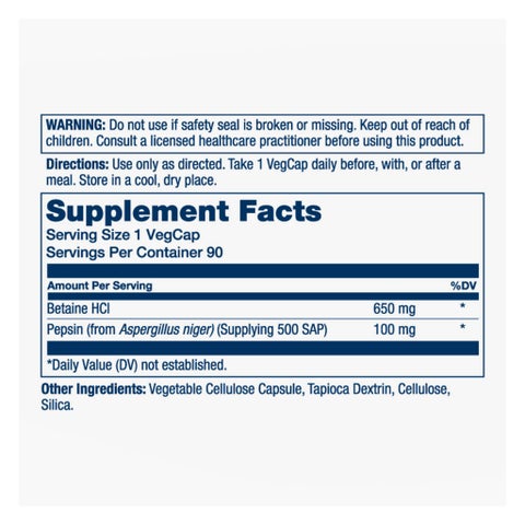 Solaray Vegan Betaine Hcl & Pepsin 650mg Capsules - 90 Capsules