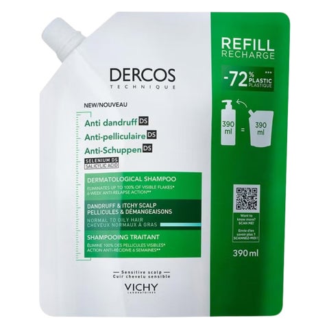Vichy Dercos Anti Dandruff Shampoo, Normal To Oily Hair 390ml + Refill Pouch 390ml
