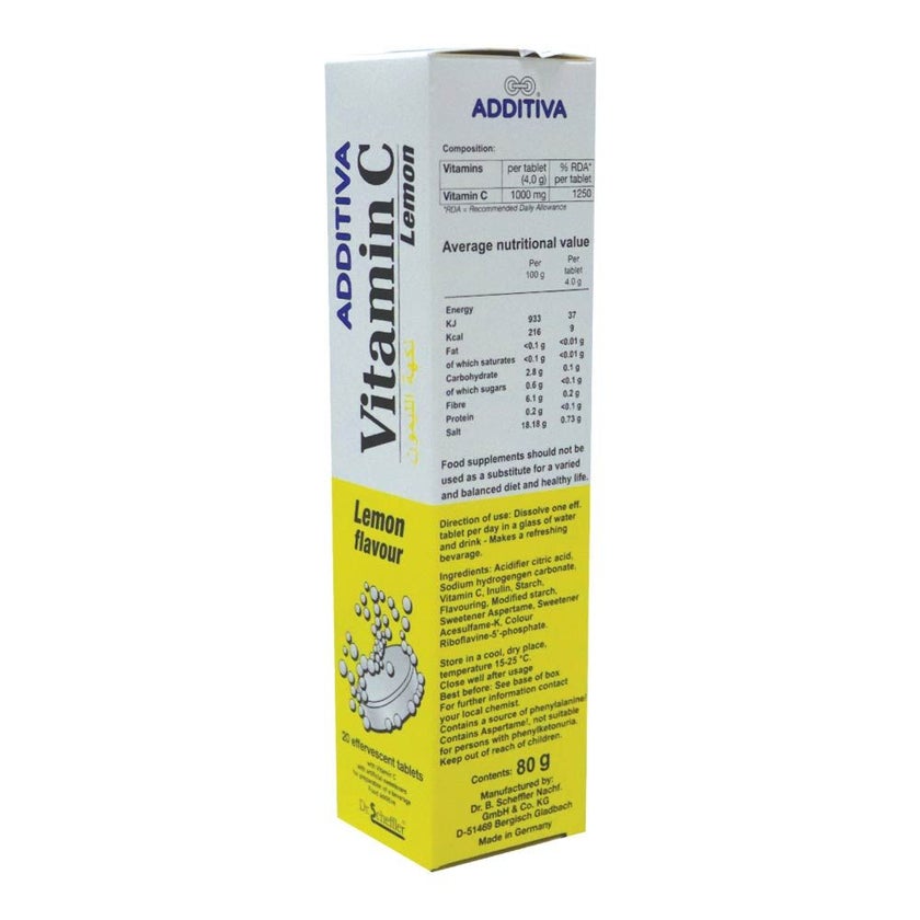Additiva Vitamin C 1000MG Lemon Effervescent Tablets, Pack of 20's
