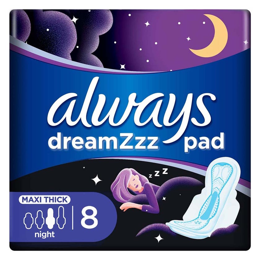 Always Clean & Dry Maxi Thick Night Sanitary Pads With Wings, Pack of 8's