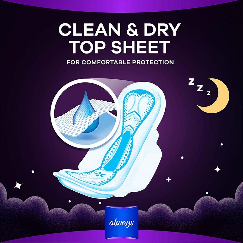 Always Clean & Dry Maxi Thick Night Sanitary Pads With Wings, Pack of 8's