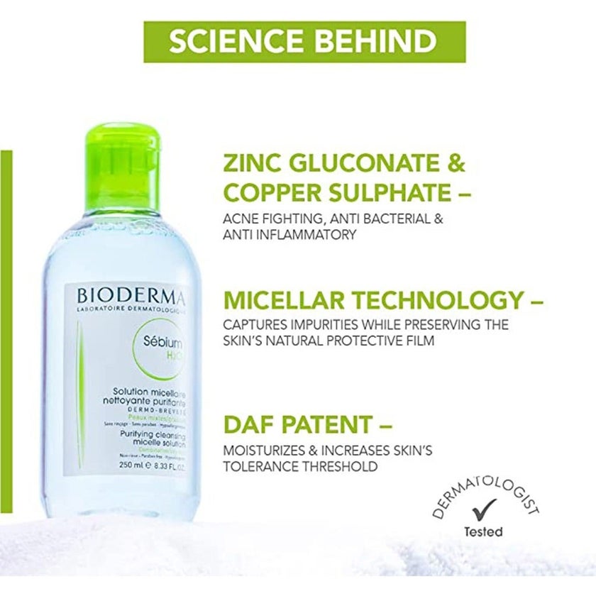 Bioderma Sebium H₂O Cleansing Micelle Make-Up Remover Solution For Combination To Oily Skin 250ml