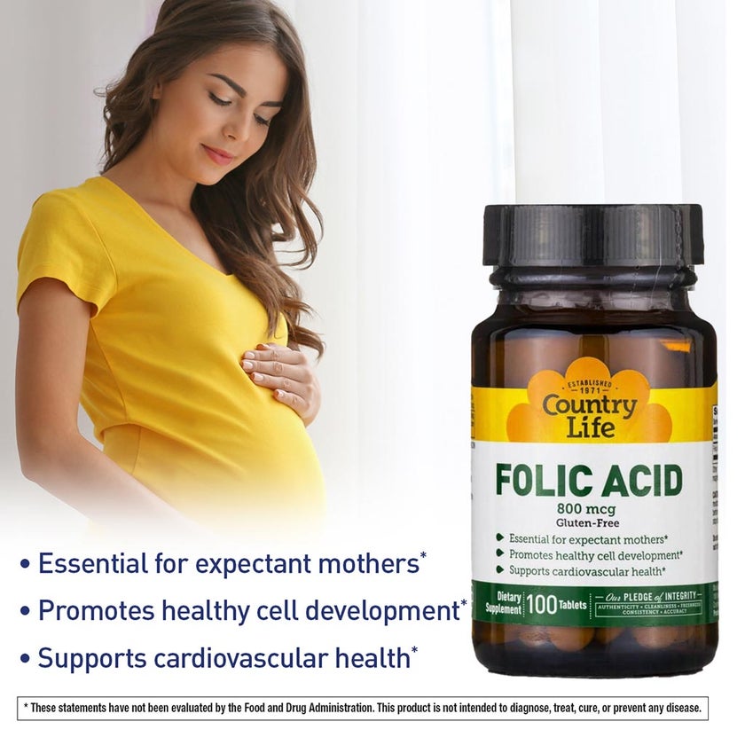 Country Life Folic Acid 800 mcg Supplement Tablets For Pregnancy, Pack of 100's