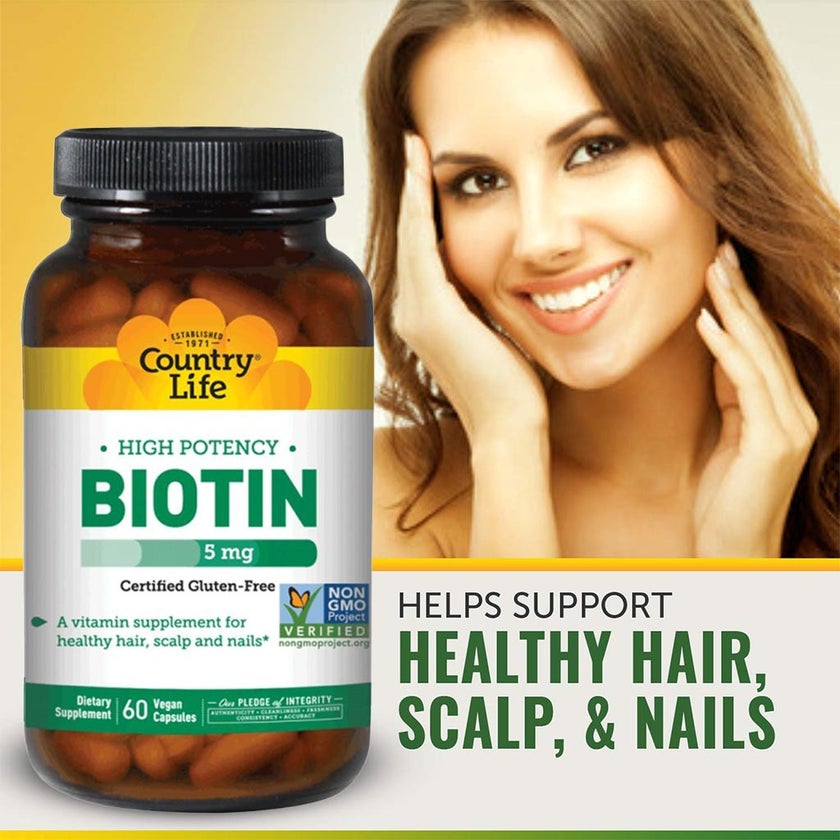 Country Life High Potency Biotin 5mg Gluten-Free Vegan Capsules For Hair, Scalp & Nails, Pack of 60's