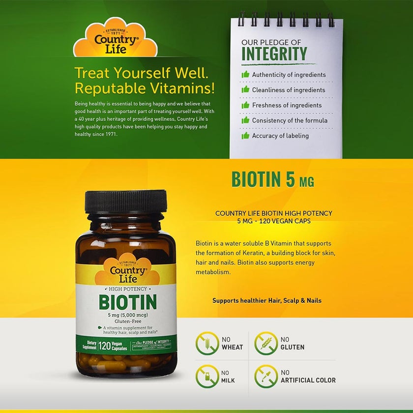 Country Life High Potency Biotin 5mg Gluten-Free Vegan Capsules For Hair, Scalp & Nails, Pack of 60's