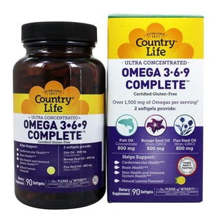 Country Life Complete Omega 3 6 9 Flaxseed Oil, Borage Seed Oil, Fish Oil Supplement Softgels, Pack of 90's