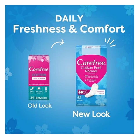 Carefree Breathable Cotton Unscented Panty Liners, Pack of 34's