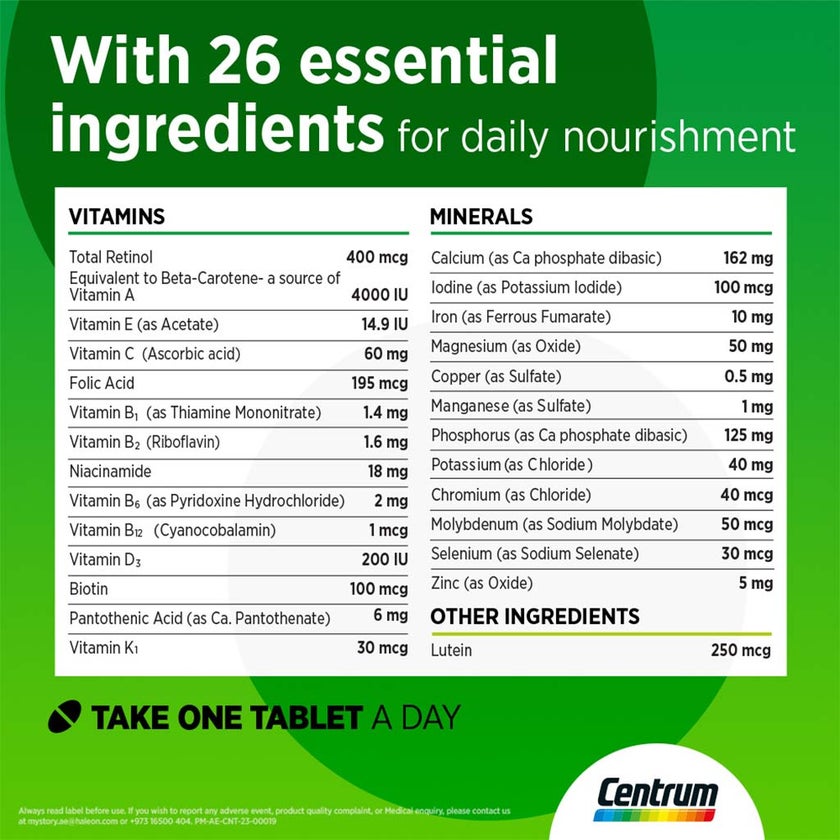 Centrum With Lutein Adult Multivitamin Tablets, Pack of 100's