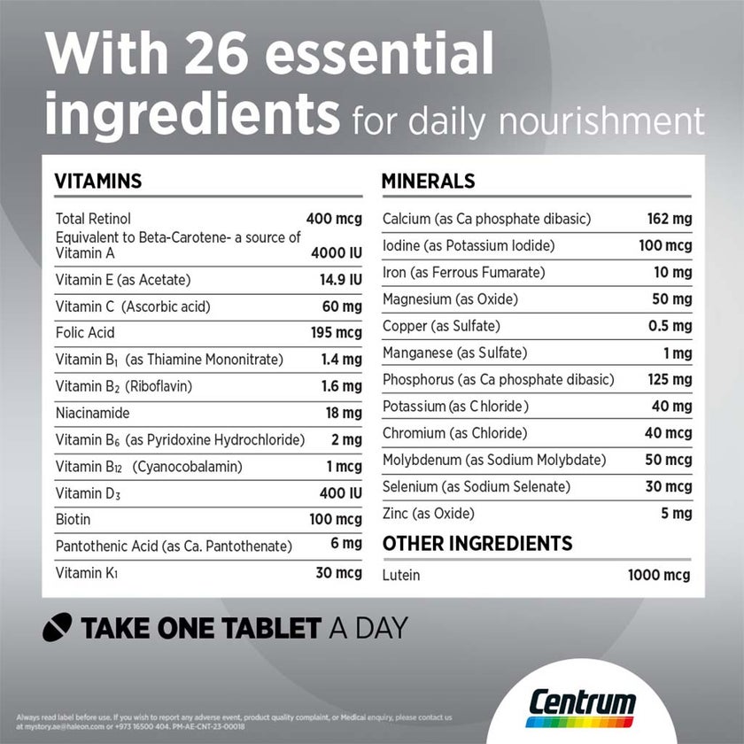 Centrum Silver With Lutein 50+ Adult Multivitamin Tablets, Pack of 100's