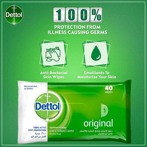 Dettol Original Antibacterial Skin & Surface Wipes, Pack of 40's