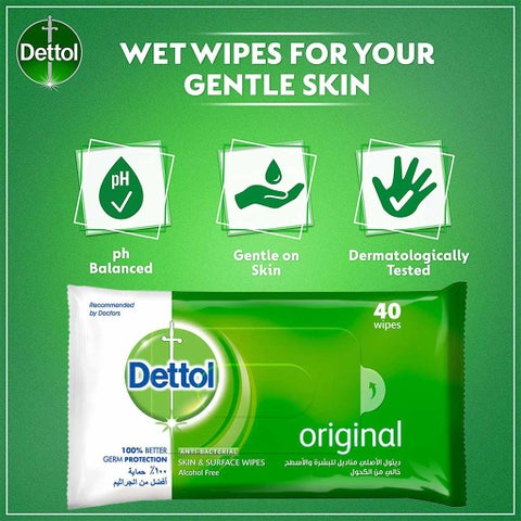 Dettol Original Antibacterial Skin & Surface Wipes, Pack of 40's