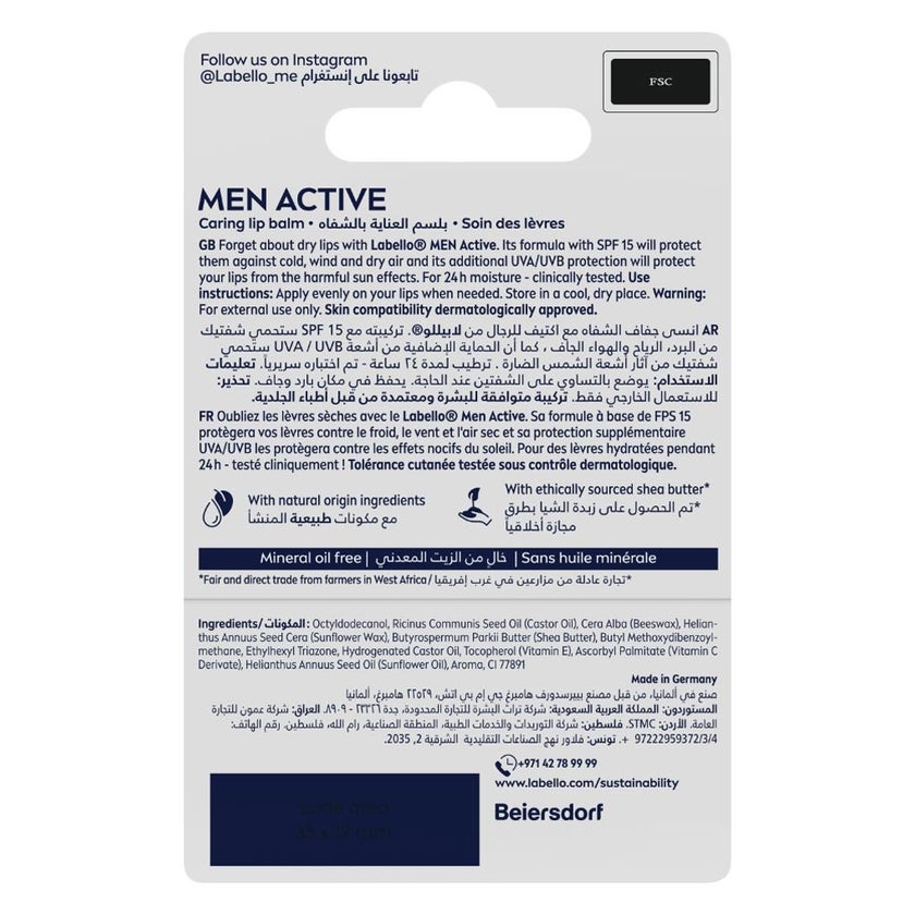 Labello 24H Moisture SPF15 Men Active Lip Balm 4.8g