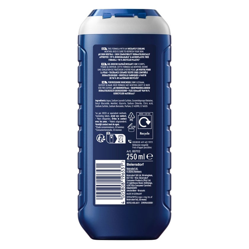 Nivea Men Cool Kick 24H Fresh Effect 3 in 1 Face, Body & Hair Shower Gel 250ml