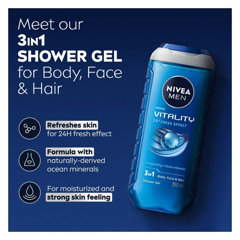 Nivea Men Vitality Fresh 3 in 1 Face, Body & Hair Shower Gel 250ml