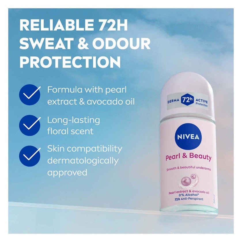 Nivea Pearl & Beauty 72H Active Antiperspirant Deodorant Roll On For Women 50ml