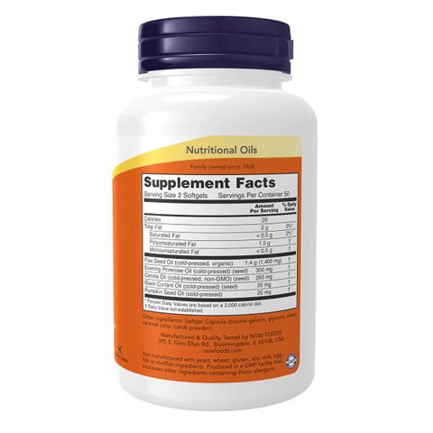 Now Omega 3 6 9 Flax Seed, Evening Primrose, Canola, Black Currant & Pumpkin Seed Oils 1000mg Softgels, Pack of 100's