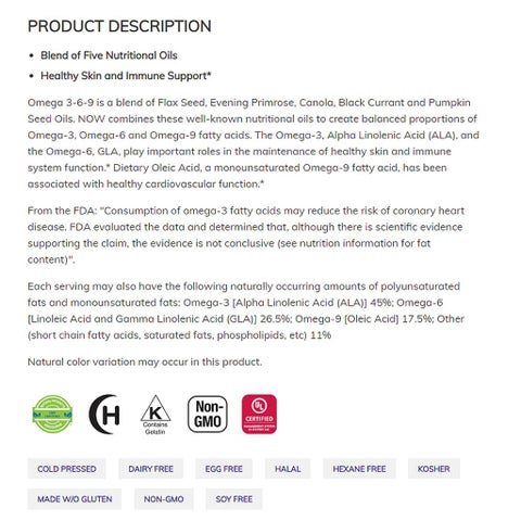 Now Omega 3 6 9 Flax Seed, Evening Primrose, Canola, Black Currant & Pumpkin Seed Oils 1000mg Softgels, Pack of 100's