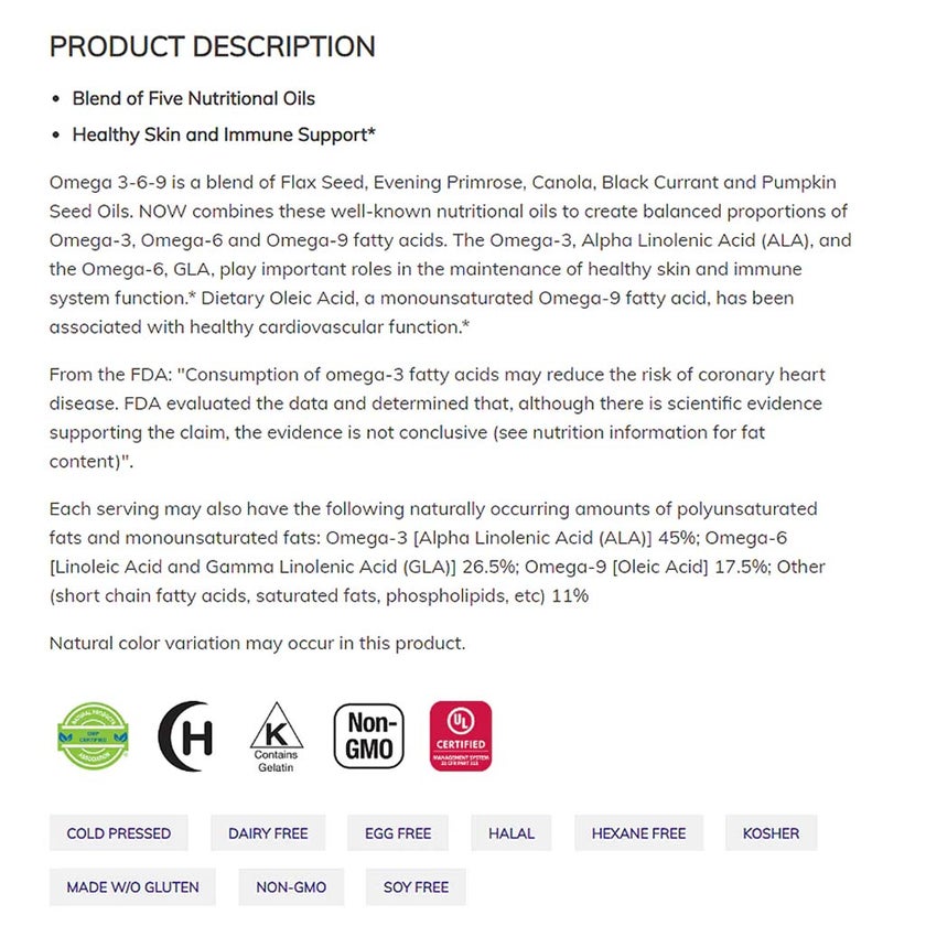 Now Omega 3 6 9 Flax Seed, Evening Primrose, Canola, Black Currant & Pumpkin Seed Oils 1000mg Softgels, Pack of 100's