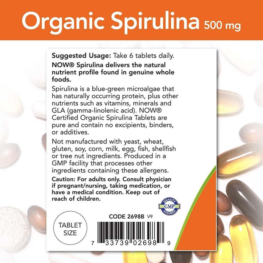 Now Organic Spirulina 500mg Antioxidant Tablets, Pack of 200's