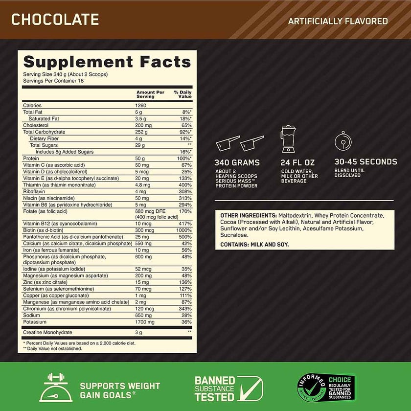 Optimum Nutrition Serious Mass Chocolate Protein Powder 12lb