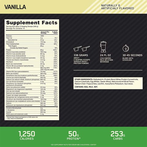 Optimum Nutrition Serious Mass Vanilla Protein Powder 12lb