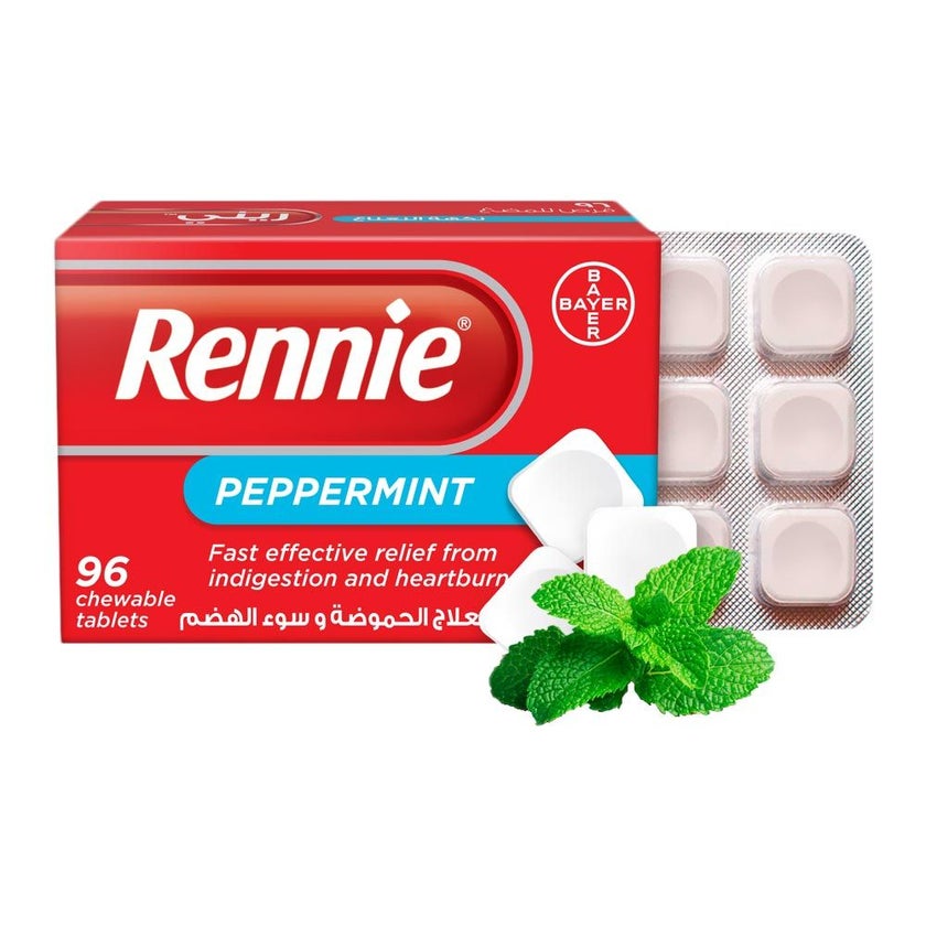 Rennie Chewable Tablets For Indigestion And Heartburn Peppermint Flavour, Pack of 96's