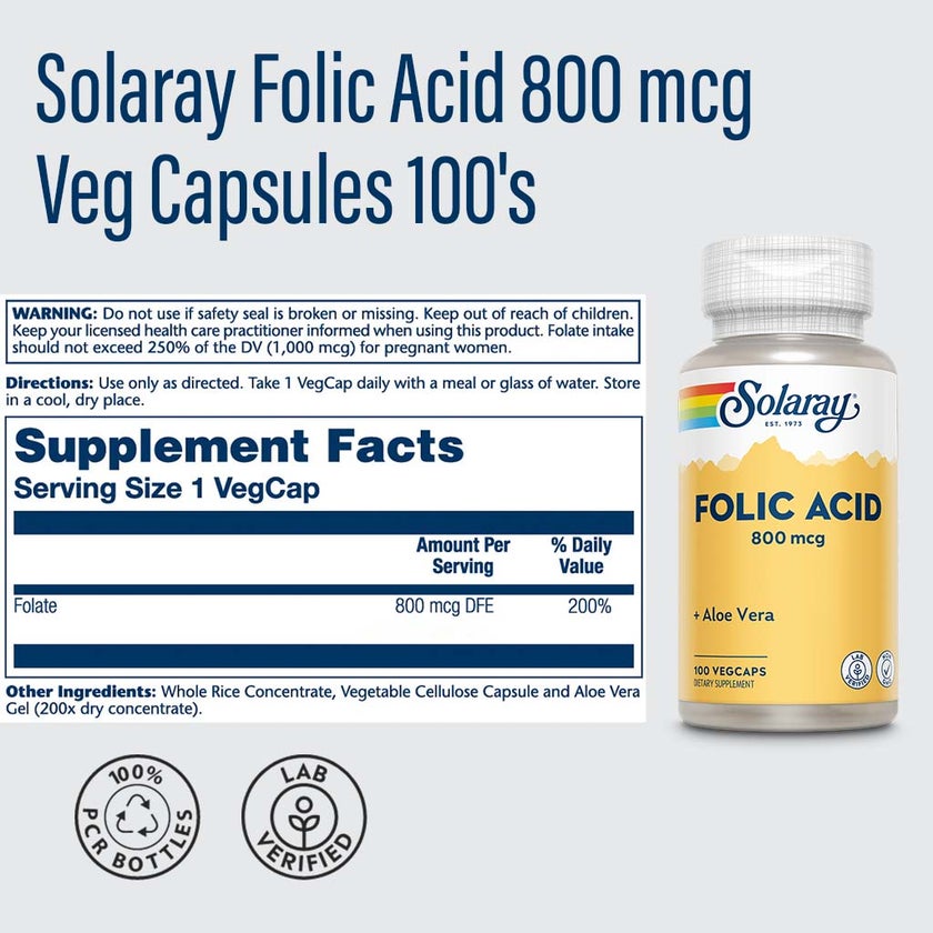 Solaray Folic Acid 800mcg Veg Capsules, Pack of 100's