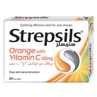 Strepsils Orange with Vitamin C 100mg Lozenges For Sore Throat, Pack of 24's