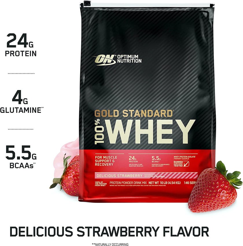 Optimum Nutrition Gold Standard 100% Whey Protein Powder Drink Mix Delicious Strawberry 10lb