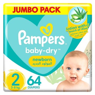 Pampers Baby-Dry Newborn Diapers With Aloe Vera, Size 2, 3-8Kg, Jumbo Pack of 64's