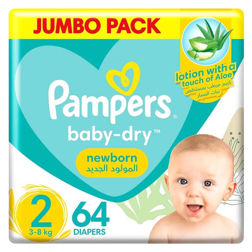 Pampers Baby-Dry Newborn Diapers With Aloe Vera, Size 2, 3-8Kg, Jumbo Pack of 64's