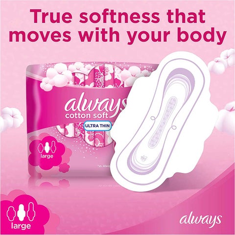 Always Cotton Soft Ultra Thin Large Sanitary Pads With Wings, Pack of 16's